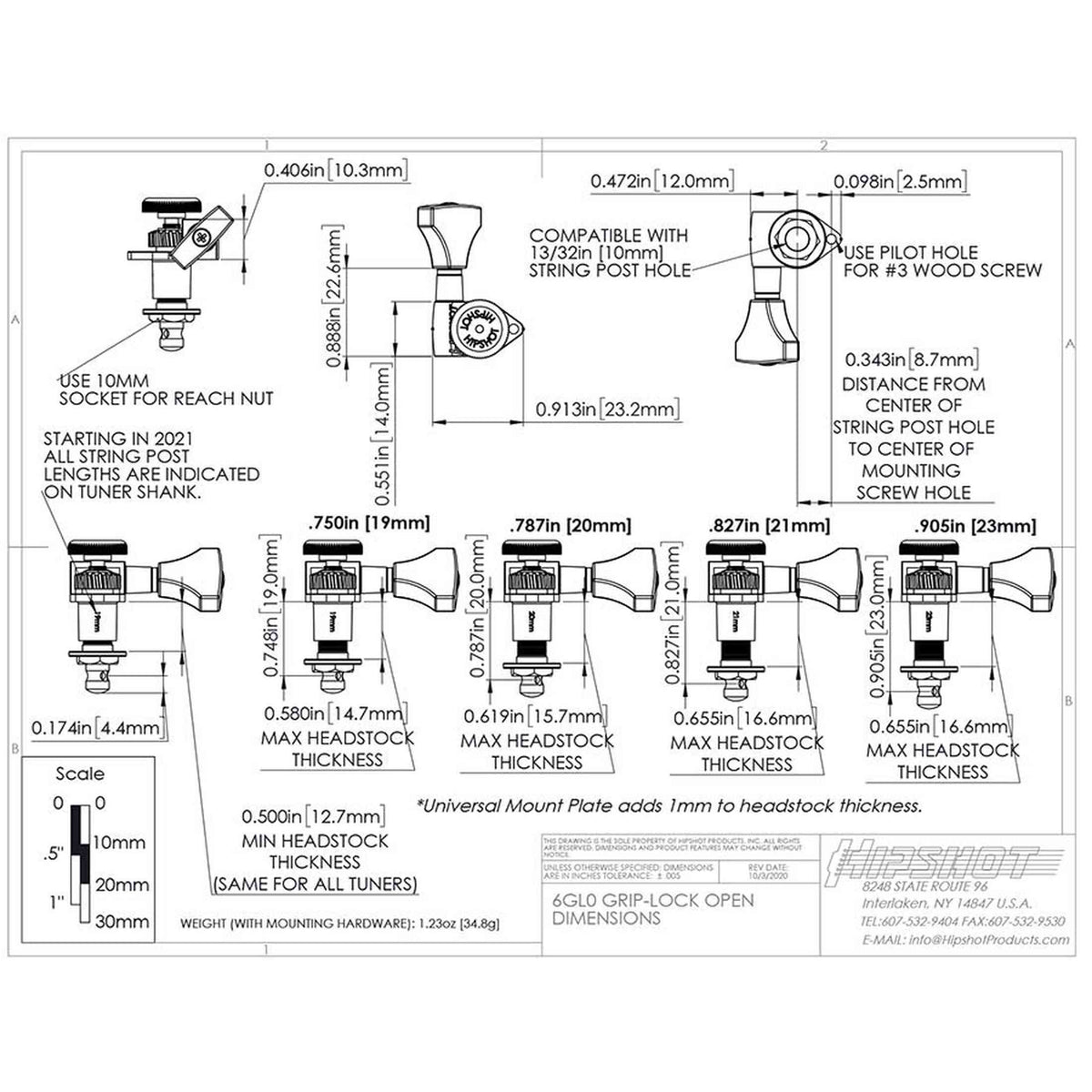 Hipshot HS6K1GL0CST Gitaar tuner upgrade kit, 6 inline Grip-Lock, open chroom staggered