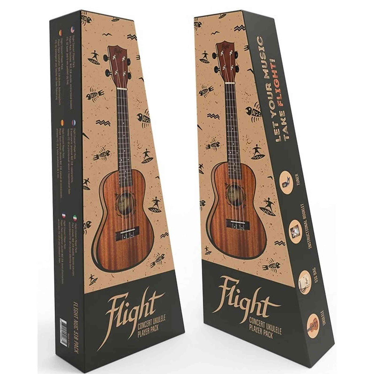 Flight NUC310 PACK Concert Ukulele met African Sapele Body, Bone Topkam, Tuner, Lesboek en Gigbag