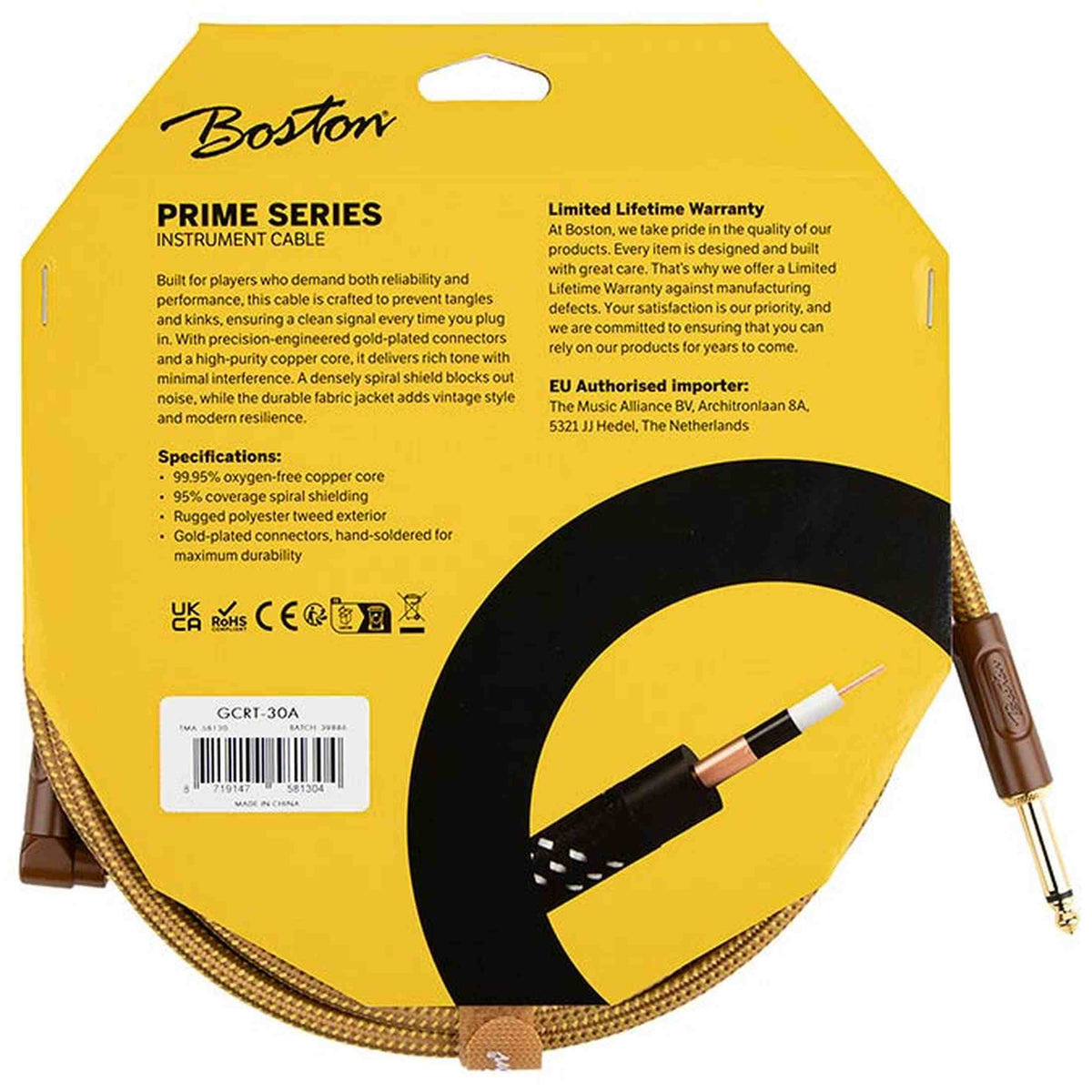 Boston GCRT-30A Prime Series woven jacket instrumentkabel jack–haakse jack 3 meter yellow tweed