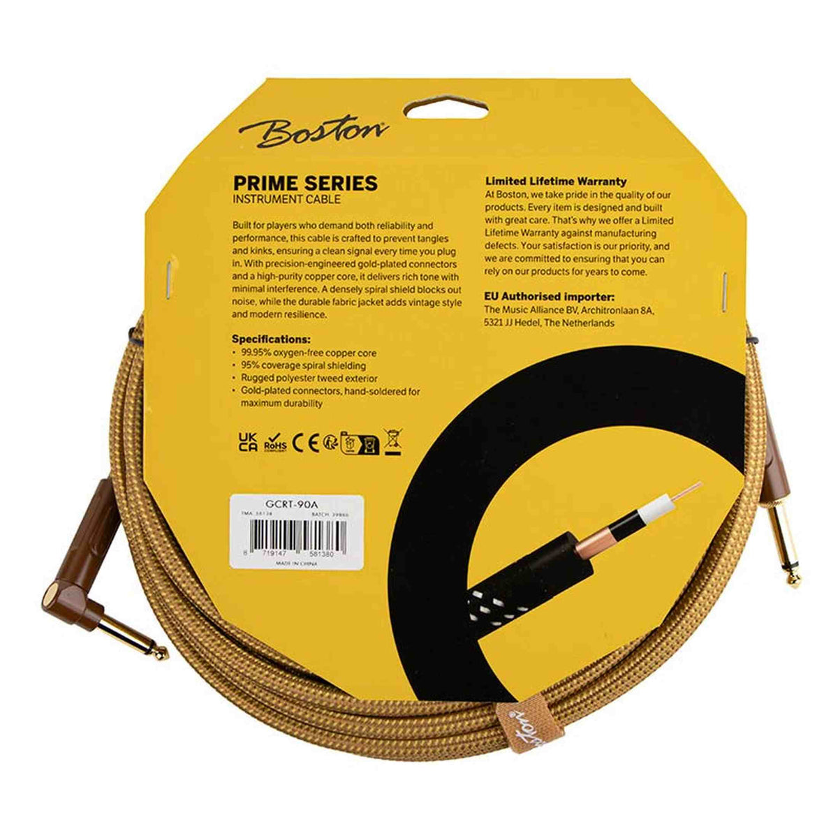 Boston GCRT-90A Prime Series woven jacket instrumentkabel jack–haakse jack 9 meter yellow tweed