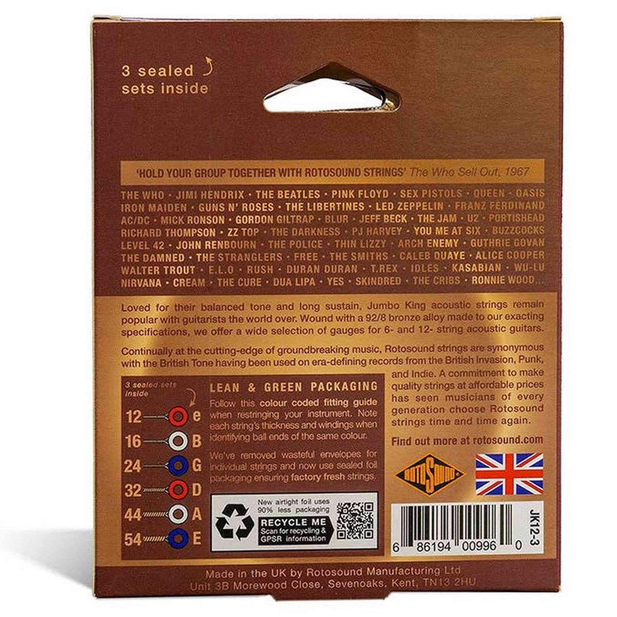 Rotosound JK12-3 Jumbo King 3-Pack Snarensets Akoestisch 012–054 – Phosphor Bronze