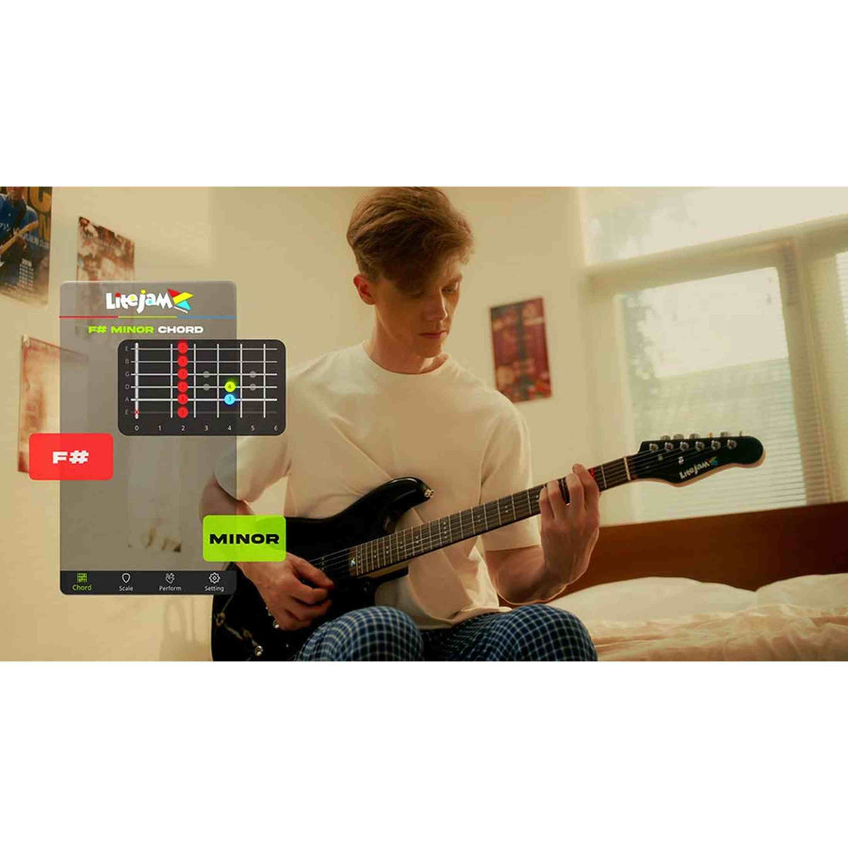 Litejam RGB24/WH elektrische gitaar – 24 frets, 144 RGB LED’s, HSH-configuratie, met gigbag, wit