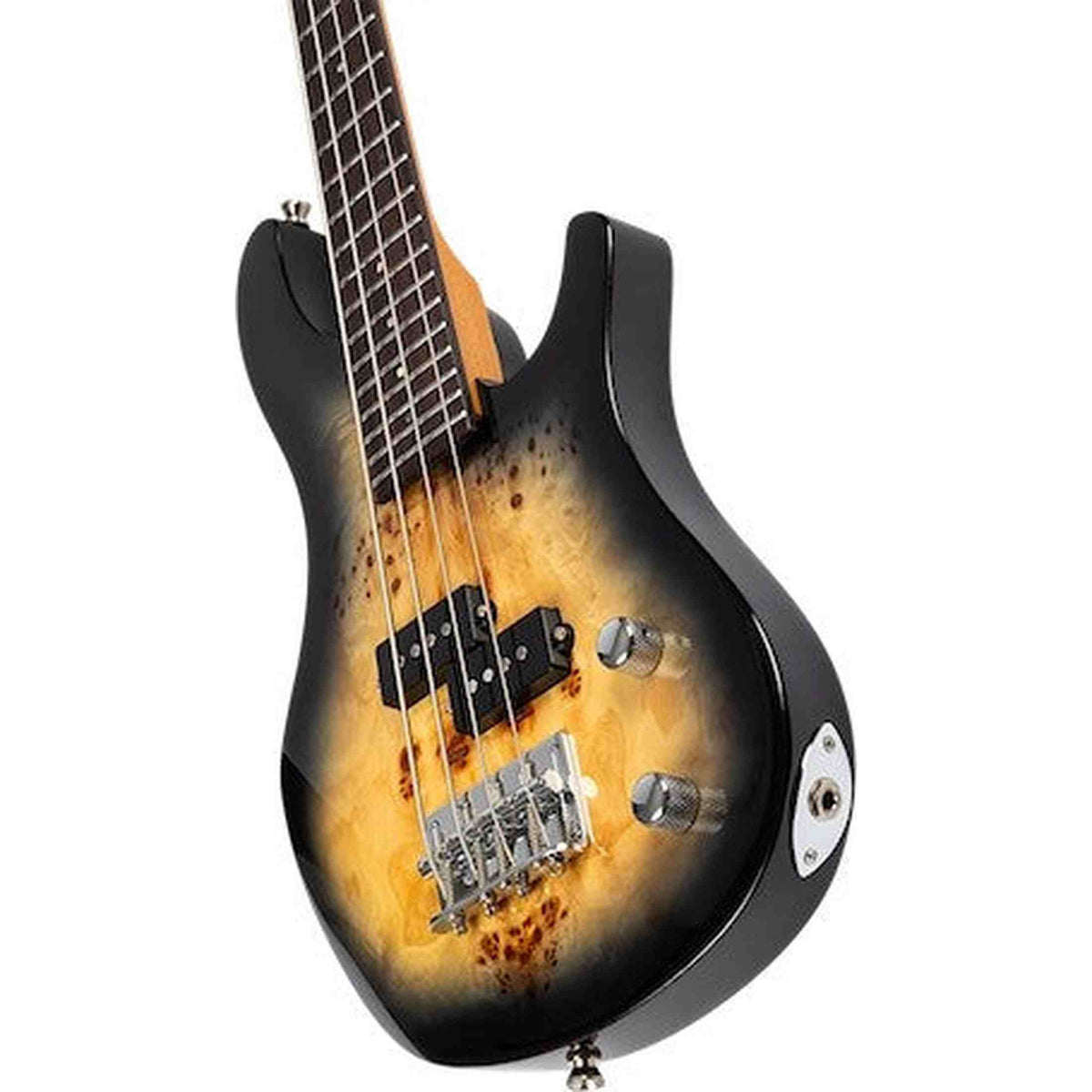 Flight Mini Bass PBR Elektrische Mini Bas Ukulele met Poplar Burl Top, Mahonie Body en Alnico 5 Pickup
