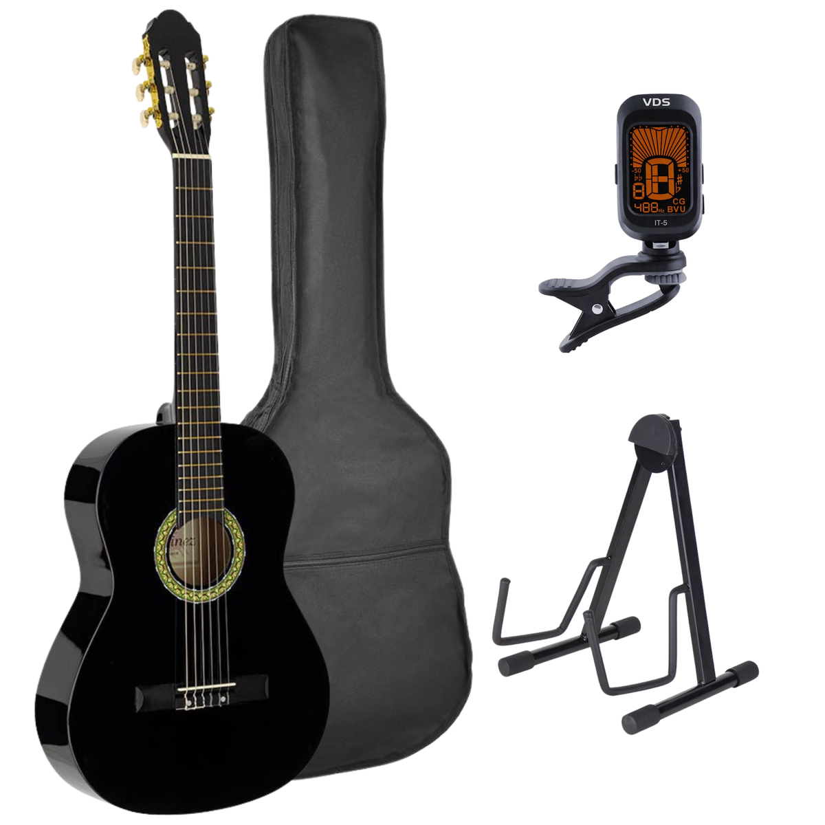 A. Martinez MTC-080/B 4/4 klassieke gitaar zwart met standaard, tas en tuner