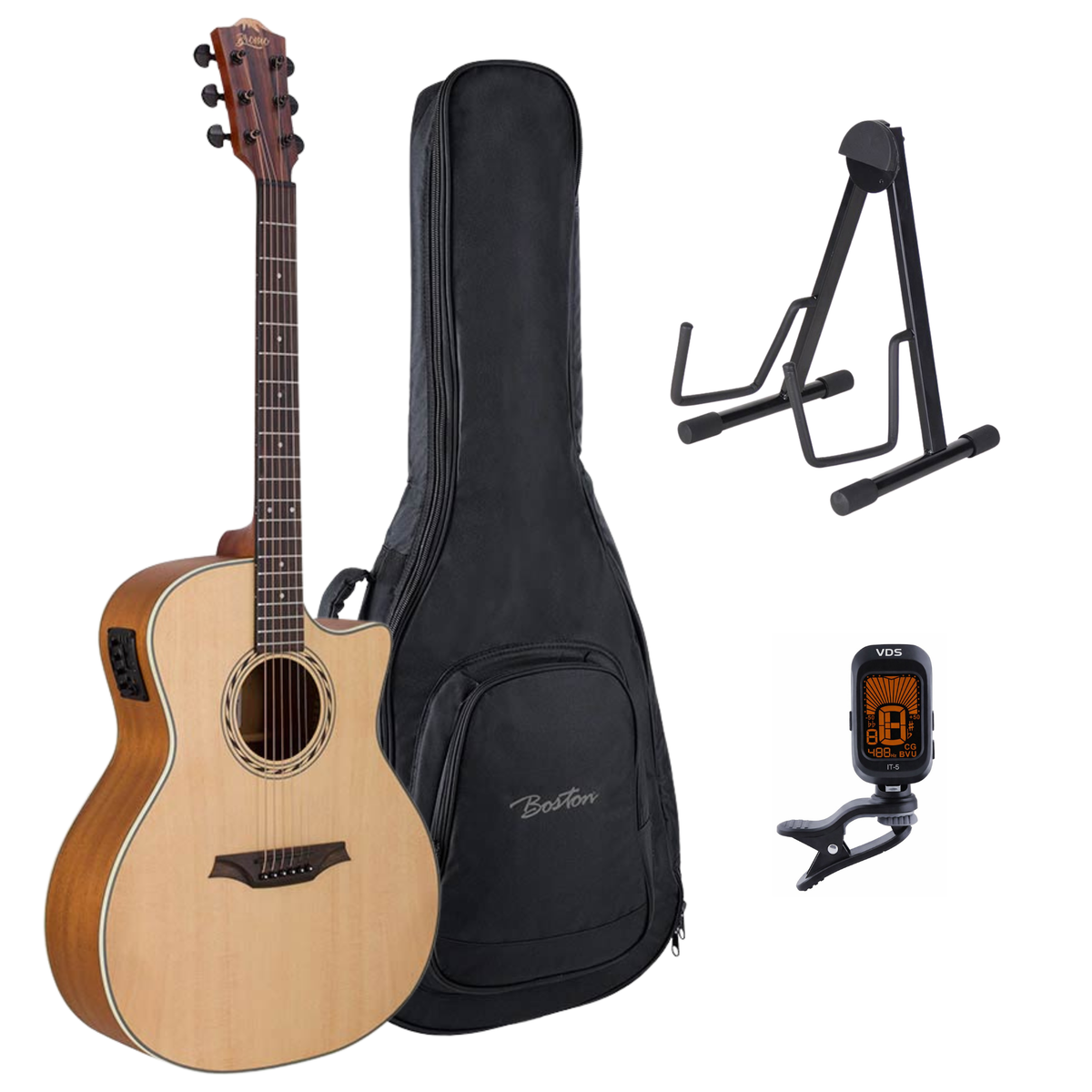 Bromo BAA2CE Appalachian Series Gitaarset – Grand Auditorium Cutaway met Preamp, Gigbag, Standaard en Tuner