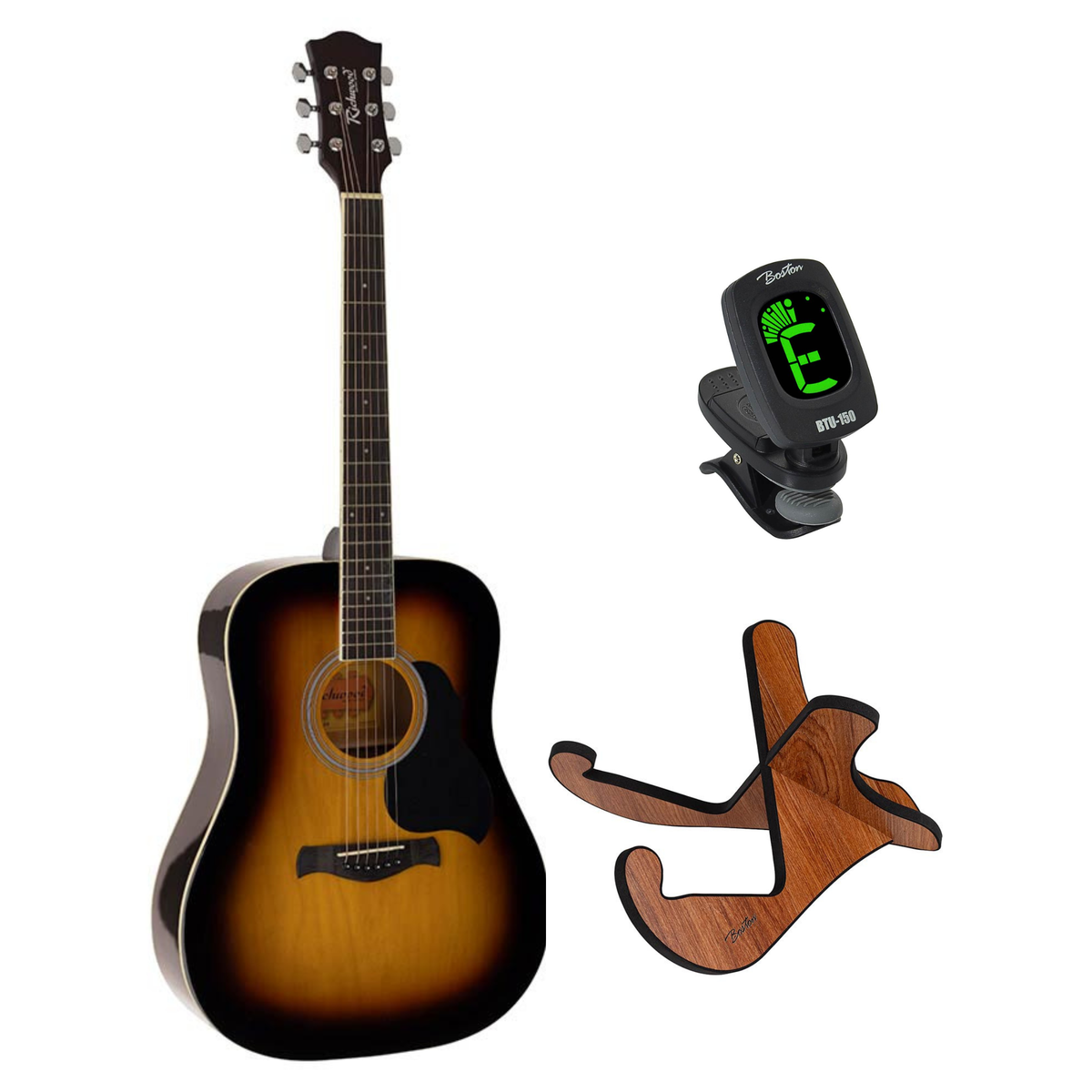 Richwood RD-12-SB akoestische gitaarset – dreadnought, sunburst, met stemapparaat en standaard