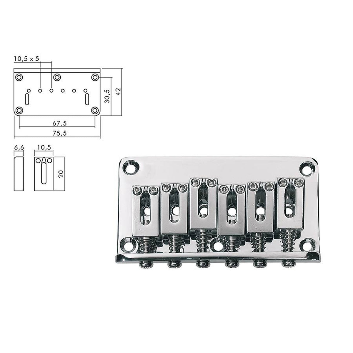 Boston B-1504-C brug-staartstuk, Stallion, pitch 10,5mm, strings through body, chroom