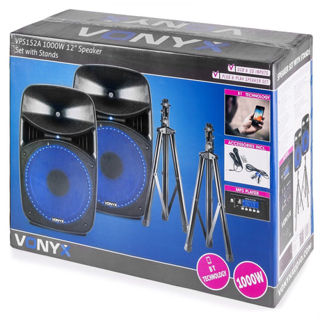 VONYX VPS122A 800W Actieve Speakerset met Bluetooth, USB/SD en 12 inch Woofers