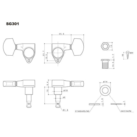 Gotoh GTH13337 SG301 stemmechanieken met 20 knoppen, 3L3R, goud