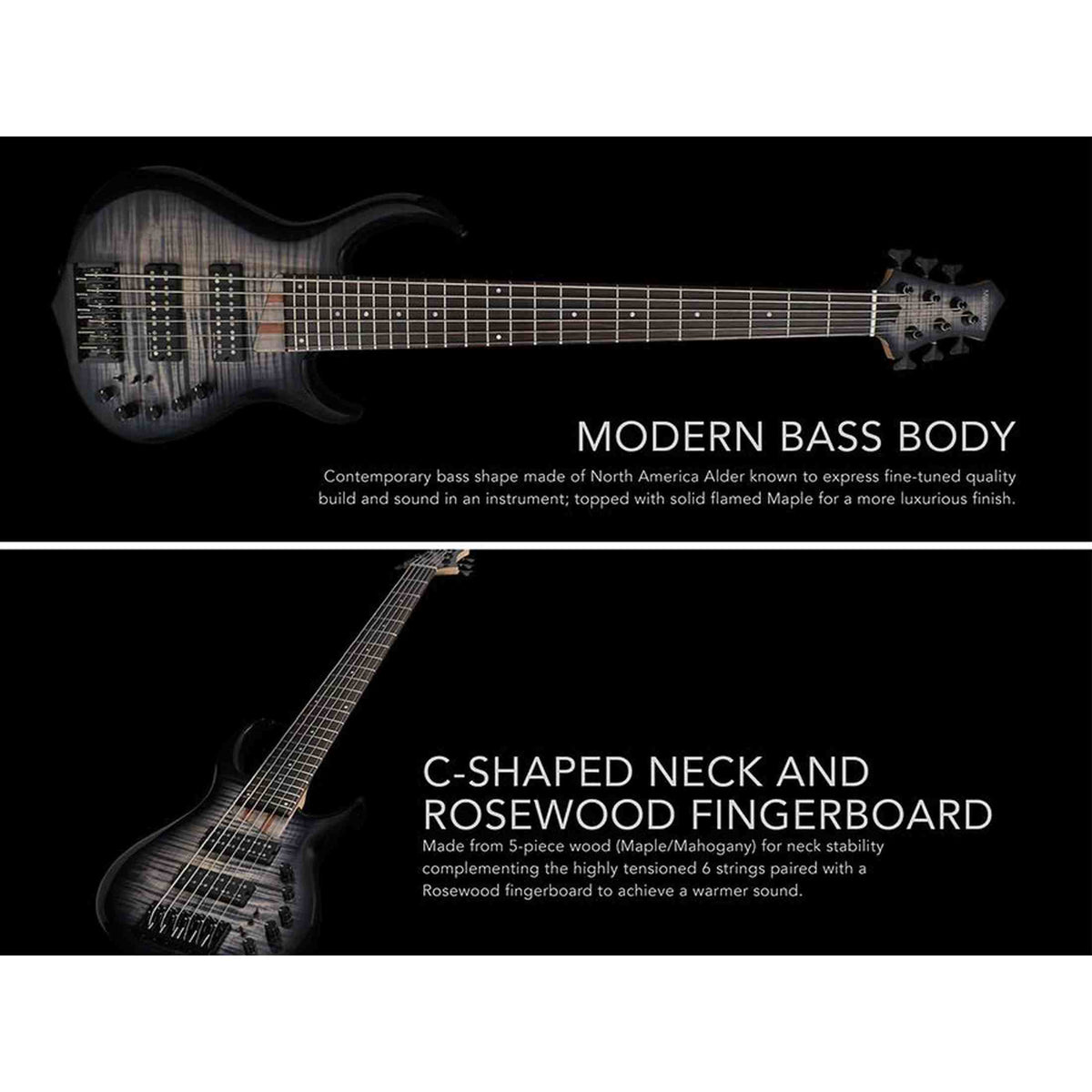 Sire M7+ A6/TBL Marcus Miller 6-snarige basgitaar, swamp ash met flame maple top, 35 inch, Heritage-3 preamp, Transparent Blue