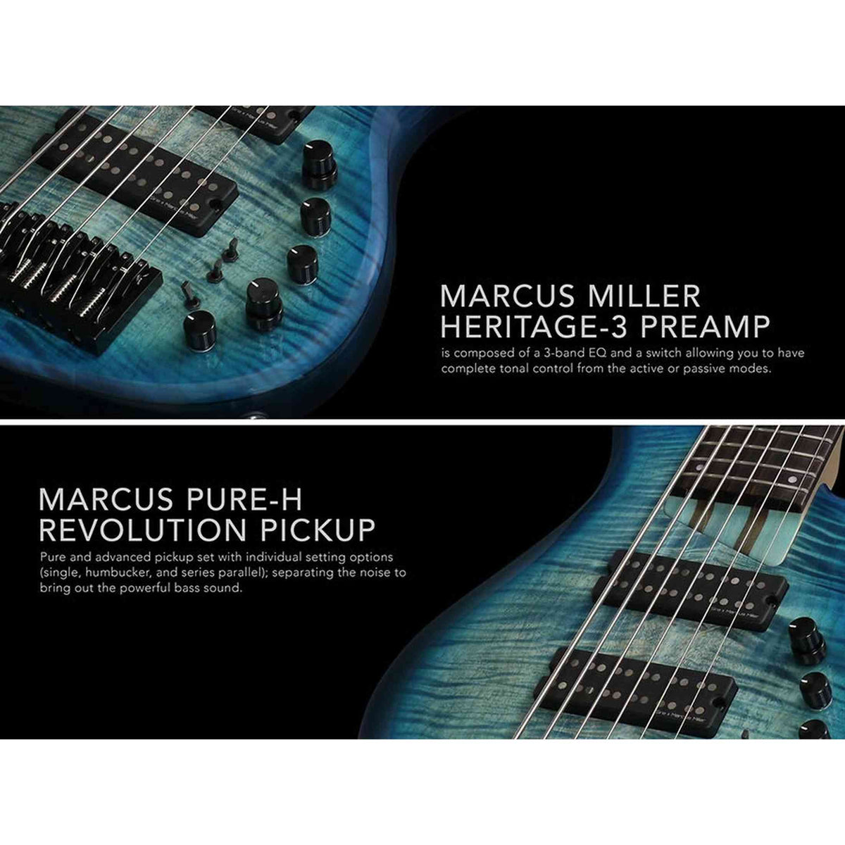 Sire M7+ A6/TBL Marcus Miller 6-snarige basgitaar, swamp ash met flame maple top, 35 inch, Heritage-3 preamp, Transparent Blue