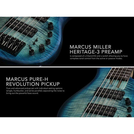 Sire M7+ A6/TBL Marcus Miller 6-snarige basgitaar, swamp ash met flame maple top, 35 inch, Heritage-3 preamp, Transparent Blue