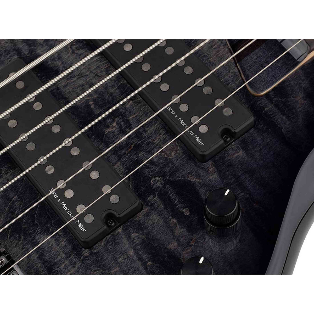 Sire M7+ A6/TBK Marcus Miller 6-snarige basgitaar, swamp ash met flame maple top, 35 inch, Heritage-3 preamp, Transparent Black