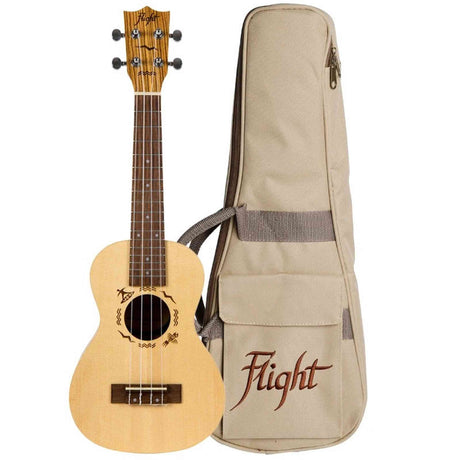 Flight DUC525 SP/ZEB Concert Ukulele met Solid Spruce Top, Zebrawood Body, Bone Topkam en Aquila Super Nylgut Snaren