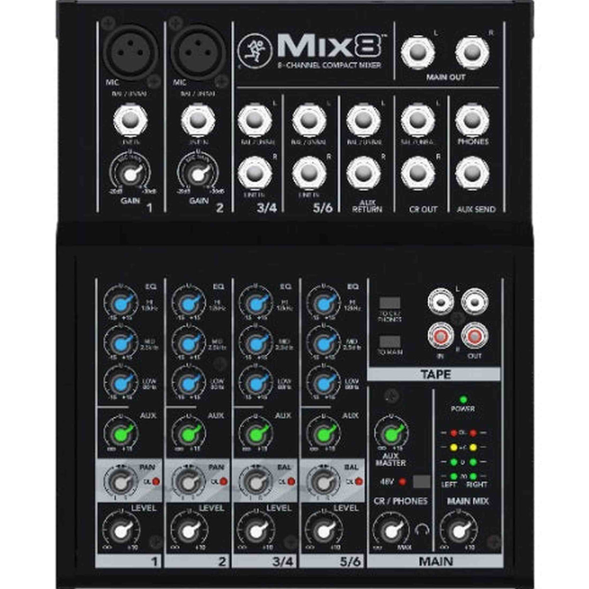 Mackie Mix8 4-kanaals mengpaneel met 2 microfooningangen, 3-bands EQ en aux send