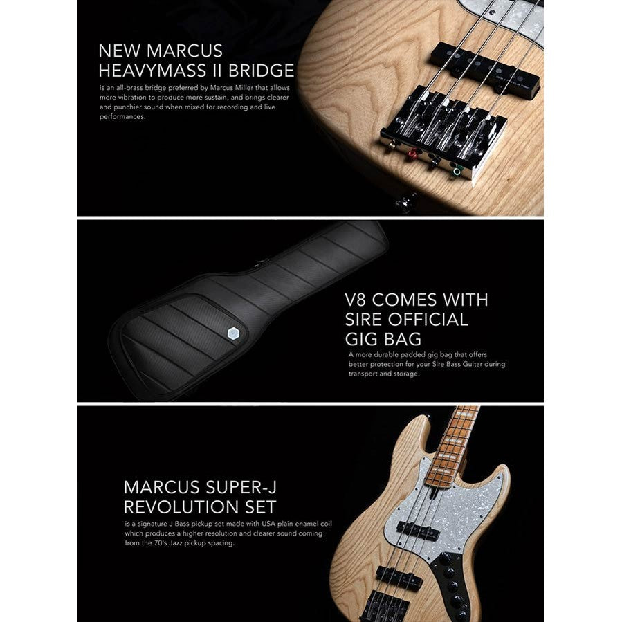 Sire V8 S4/NT Marcus Miller swamp ash 4-snarige actieve basgitaar Natural