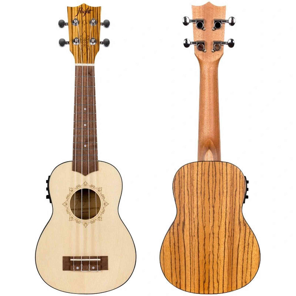 Flight DUS320 EQ SP/ZEB Soprano Ukulele met Spruce Top, Zebrawood Body en Ingebouwde Pickup met Tuner