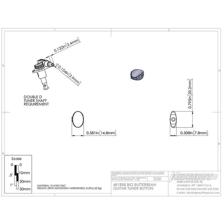 Hipshot HS6B1BBBB Big Butter Bean Stemknop voor Gitaarmechaniek Black, per stuk