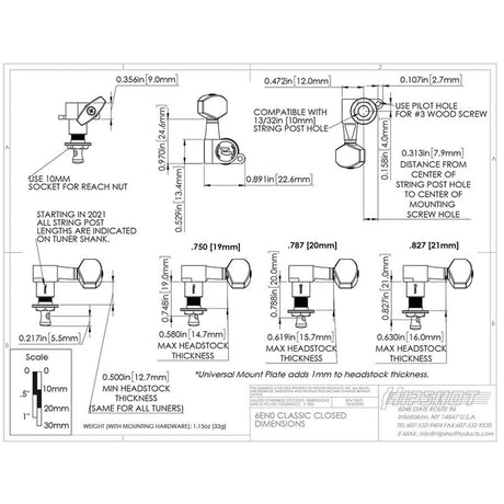 Hipshot HS6K1EN0BST Gitaar tuner upgrade kit, 6 inline classic, closed zwart staggered