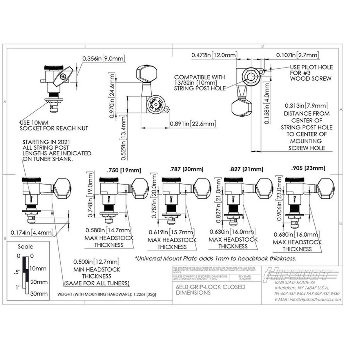 Hipshot HS6K2EL0C Gitaar tuner upgrade kit, 3 + 3 Grip-Lock, closed chroom