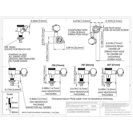 Hipshot HS6K2VEL0B Vintage gitaar tuner upgrade kit, 3 + 3 Grip-Lock, closed zwart