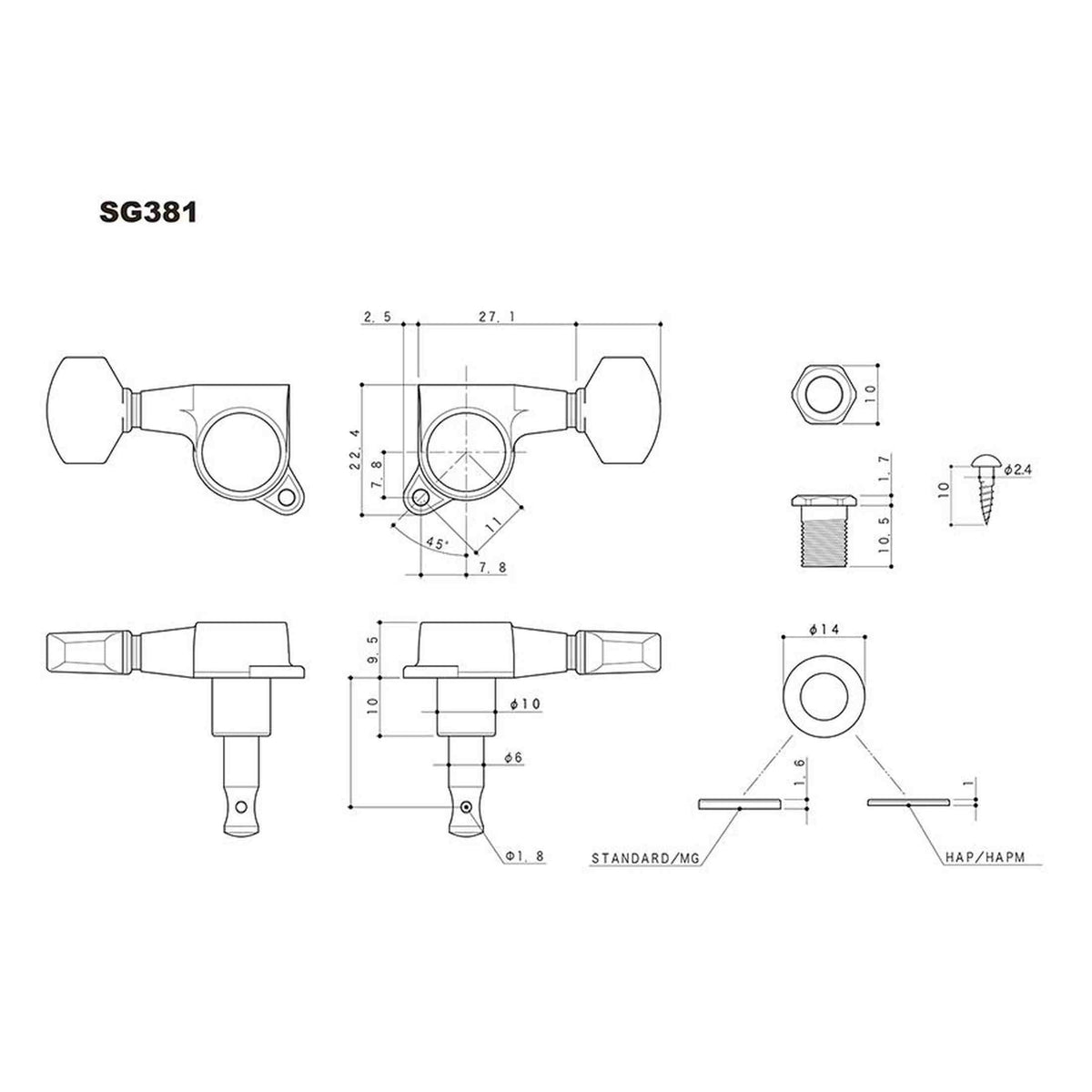 Gotoh GTH13835 SG381 stemmechanieken met 07 knoppen, 3L3R, zwart