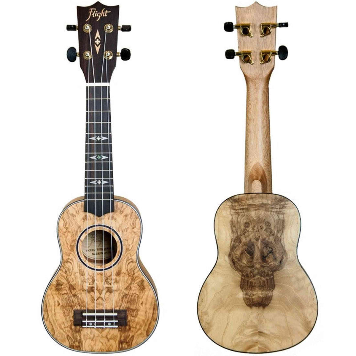Flight DUS410 QA/QA Soprano Ukulele met Quilted Ash Body, Bone Topkam en Aquila Super Nylgut Snaren