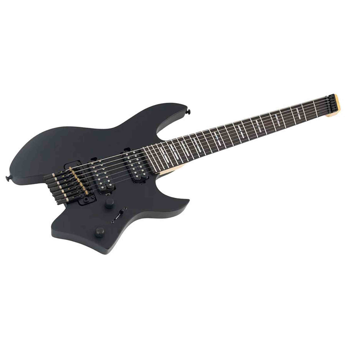 Sire X6H7/BKS elektrische gitaar – 7-snarig headless model, mahonie met maple top, Black Satin, HH-configuratie, stainless frets, met gigbag