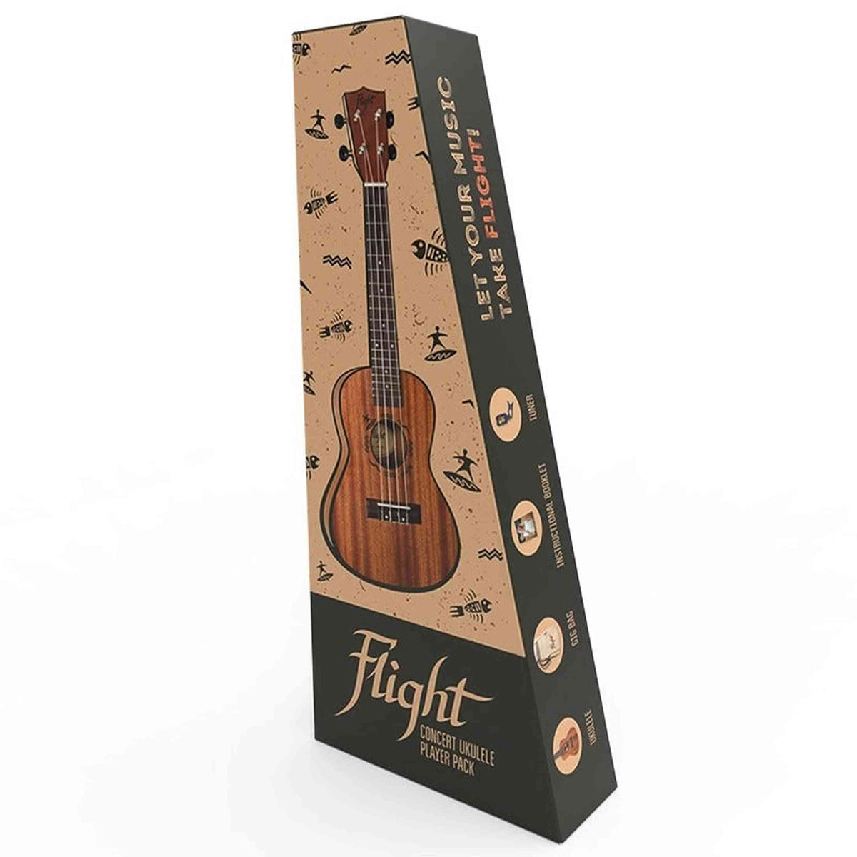 Flight NUC310 PACK Concert Ukulele met African Sapele Body, Bone Topkam, Tuner, Lesboek en Gigbag
