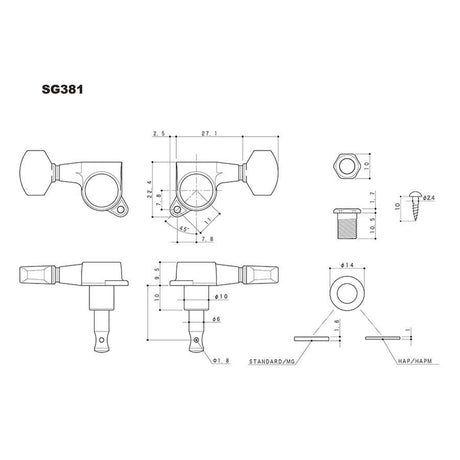 Gotoh GTH13825 SG381 stemmechanieken met 05PW knoppen, 6L, zwart