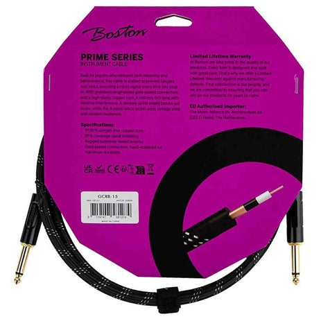 Boston GCRB-15 Prime Series woven jacket instrumentkabel jack-jack 1,5 meter black tweed