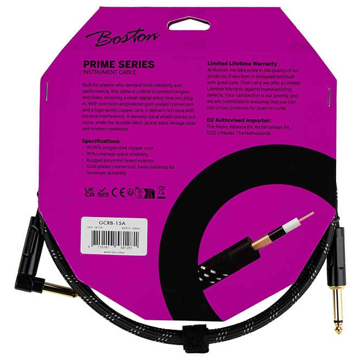 Boston GCRB-15A Prime Series woven jacket instrumentkabel jack–haakse jack 1,5 meter black tweed