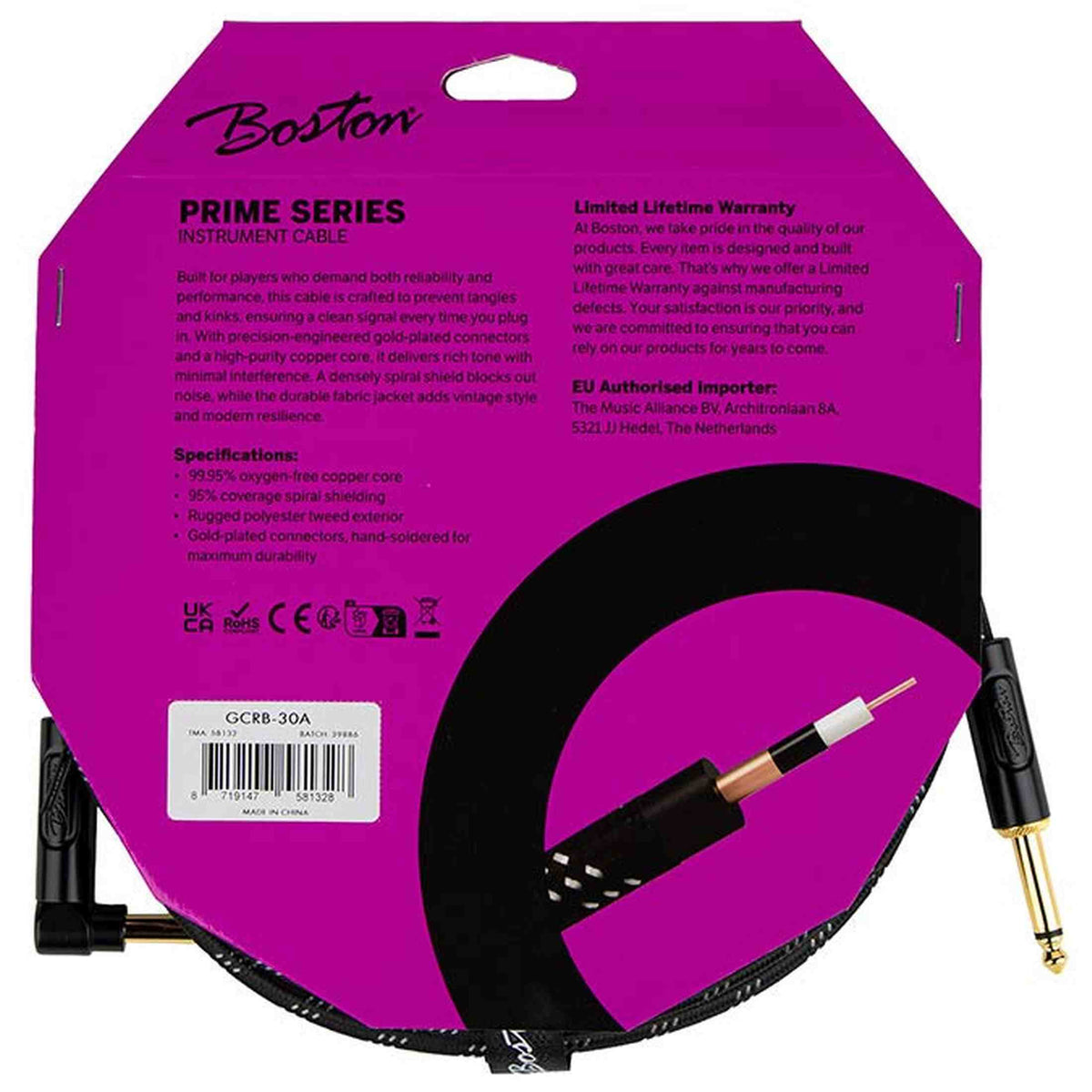 Boston GCRB-30A Prime Series woven jacket instrumentkabel jack–haakse jack 3 meter black tweed