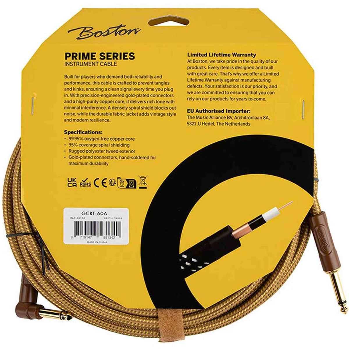 Boston GCRT-60A Prime Series woven jacket instrumentkabel jack–haakse jack 6 meter yellow tweed