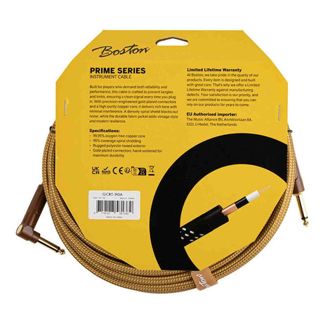 Boston GCRT-90A Prime Series woven jacket instrumentkabel jack–haakse jack 9 meter yellow tweed