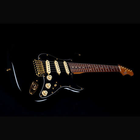 JET JS-380 BK G S-style Elektrische Gitaar SSS Alnico V Tremolo Goud Hardware Rosewood Toets Zwart