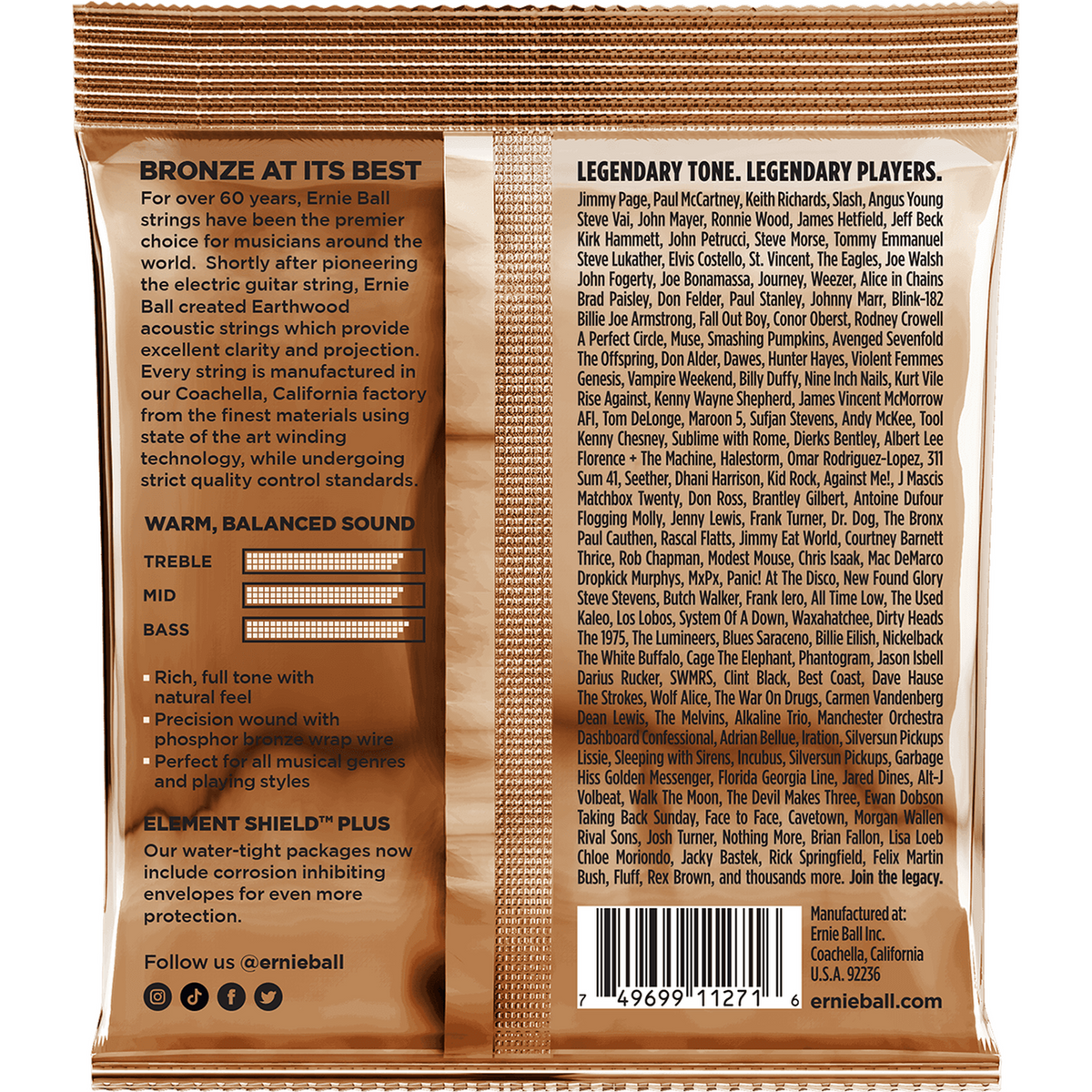 Ernie Ball 3545 Earthwood Fosforbrons Akoestische Gitaarsnaren Custom Light 11.5–54 3-Pack