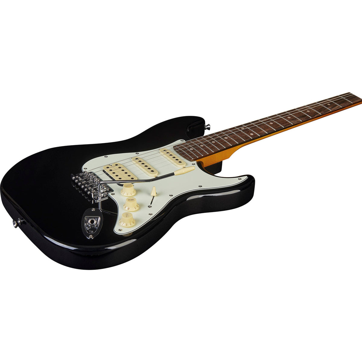 EKO ST350 BLK elektrische gitaar zwart, HSS pickups, 22 frets, laurier toets, vibrato