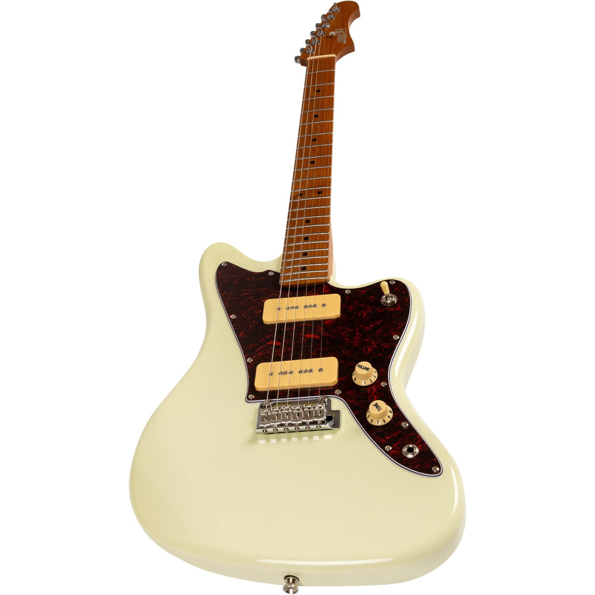 JET JJ-300 P90 OW Offset Elektrische Gitaar Dual P90 Tremolo Roasted Maple Wit