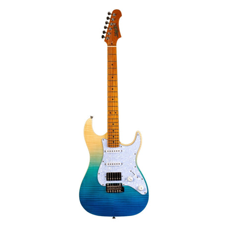 JET JS-450 TBL S-style Elektrische Gitaar HSS Tremolo Flamed Maple Top Roasted Maple Toets Transparant Blauw
