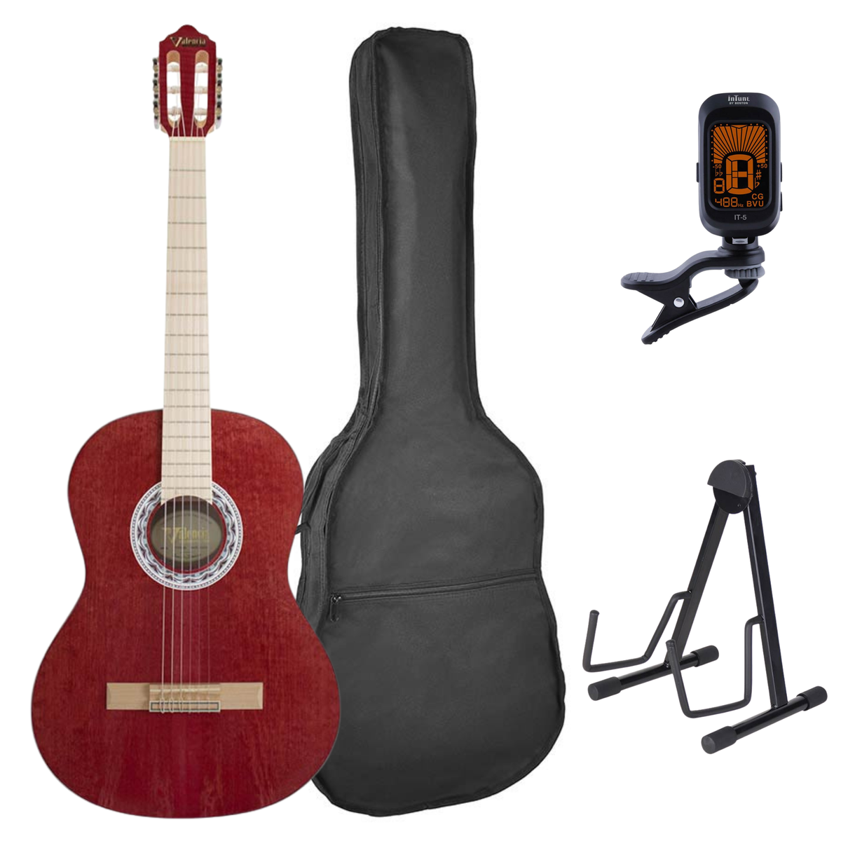Valencia VC354HWR Klassieke Gitaar 4/4 – Sitka Spar & Mahonie, Wijnrood, Inclusief Tas, Standaard en Stemapparaat
